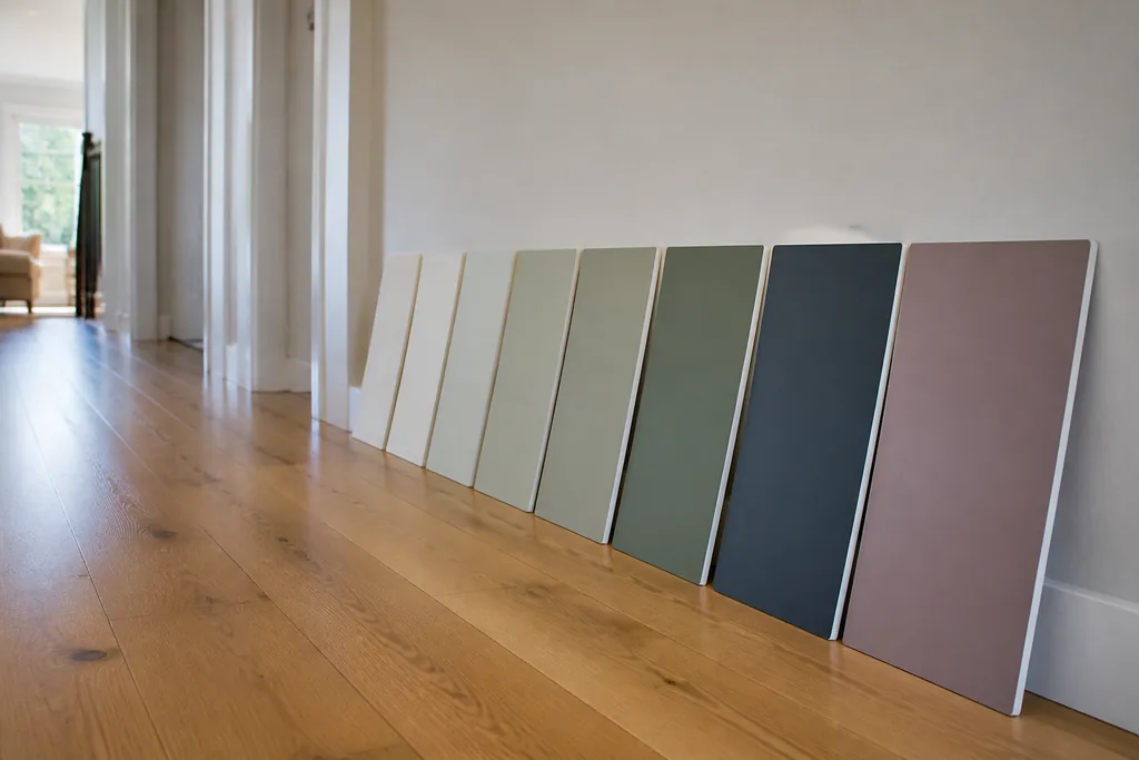 Row of painted sample boards in a related color palette leaning against a hallway wall above a wood floor, helping homeowners compare colors