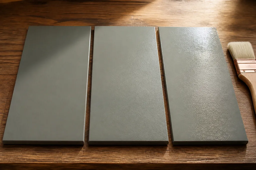 Three sample boards in the same gray color finished in matte, satin and semi-gloss sheen, side by side beside a brush to compare light and finish