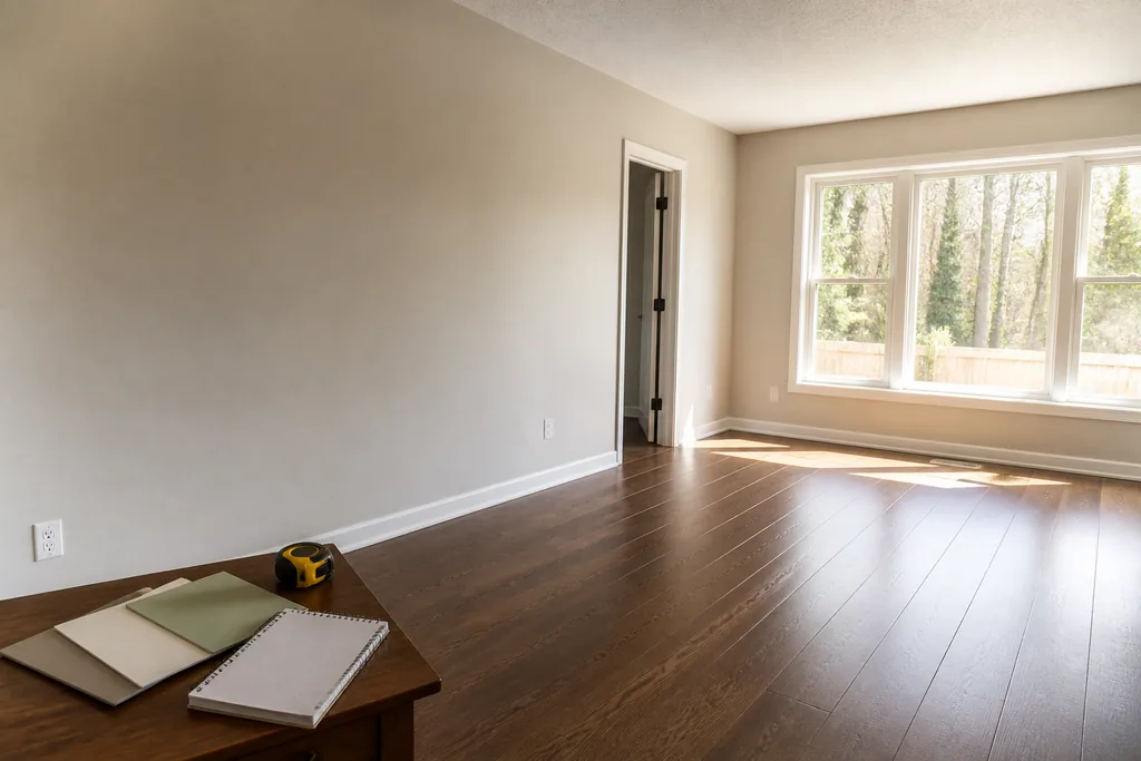 Bright empty living room with neutral walls and a side table holding color samples, a notepad and a tape measure, a space ready for a color consultation