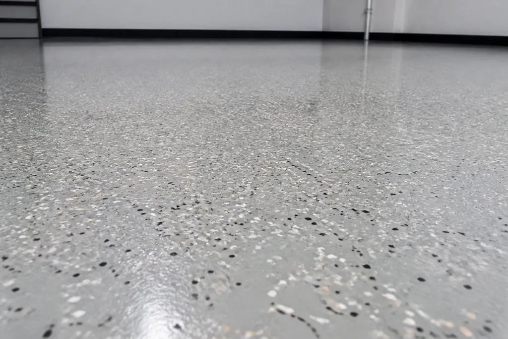 Close view of a coated concrete floor with scattered decorative flake in gray, white and black, a finish option for epoxy floors in a workshop