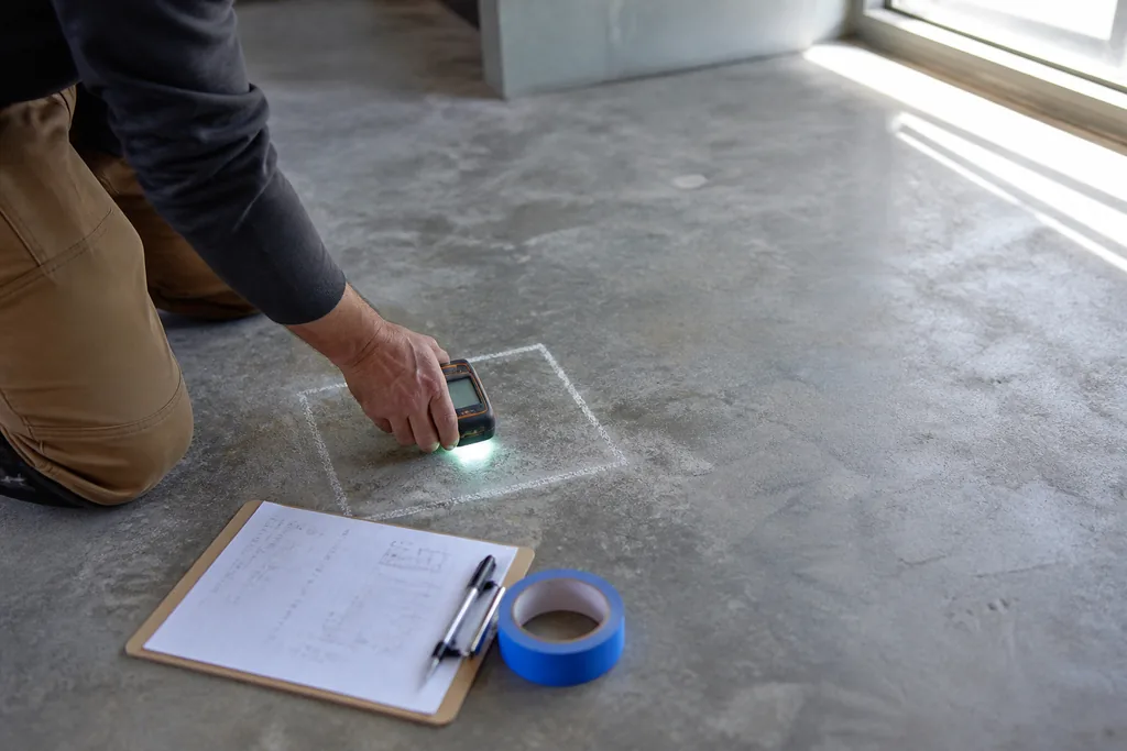 A person measures a square on concrete flooring in preparation for epoxy application: Industrial, Commercial, Floors