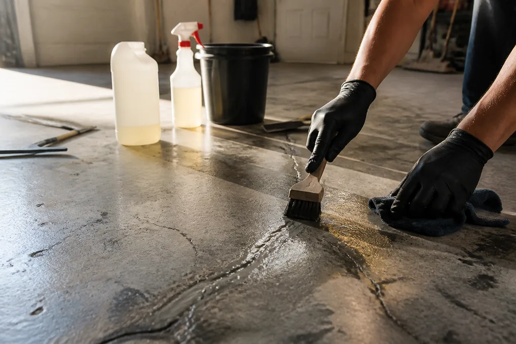 A person applies epoxy to a concrete flooring surface using a brush and cloth: Industrial, Commercial, Floors